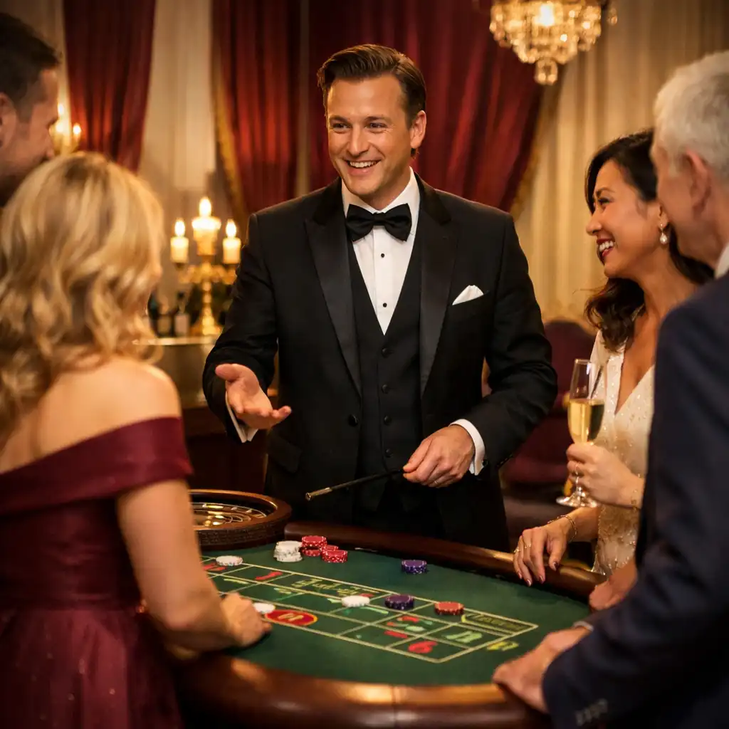 Professional host welcoming guests around a polished play-money entertainment table at an evening celebration