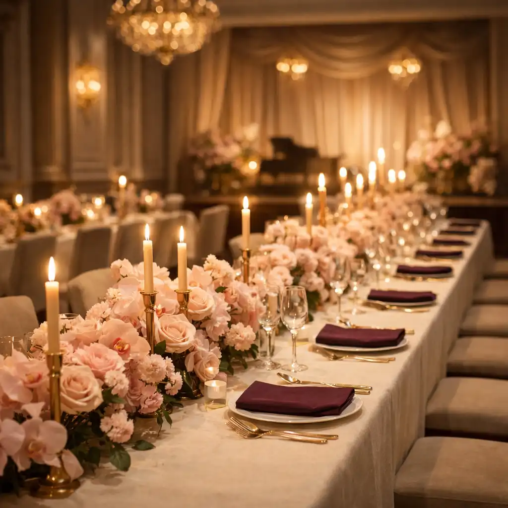 Luminous celebration tablescape with flowers, candleholders and softly lit stage