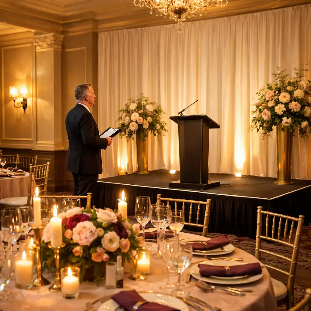 Production coordinator reviewing an elegant event room beside a low stage