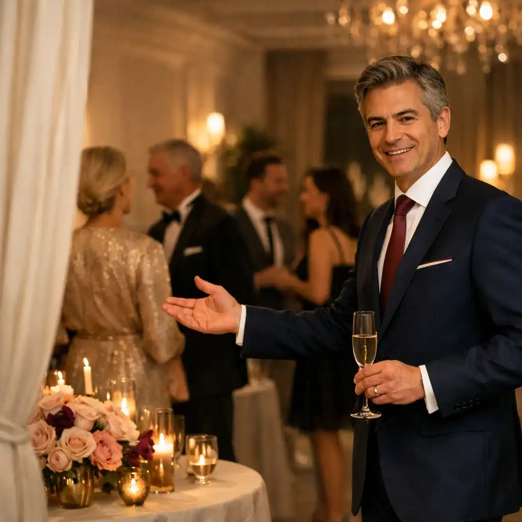 A host welcoming guests at an elegant celebration reception