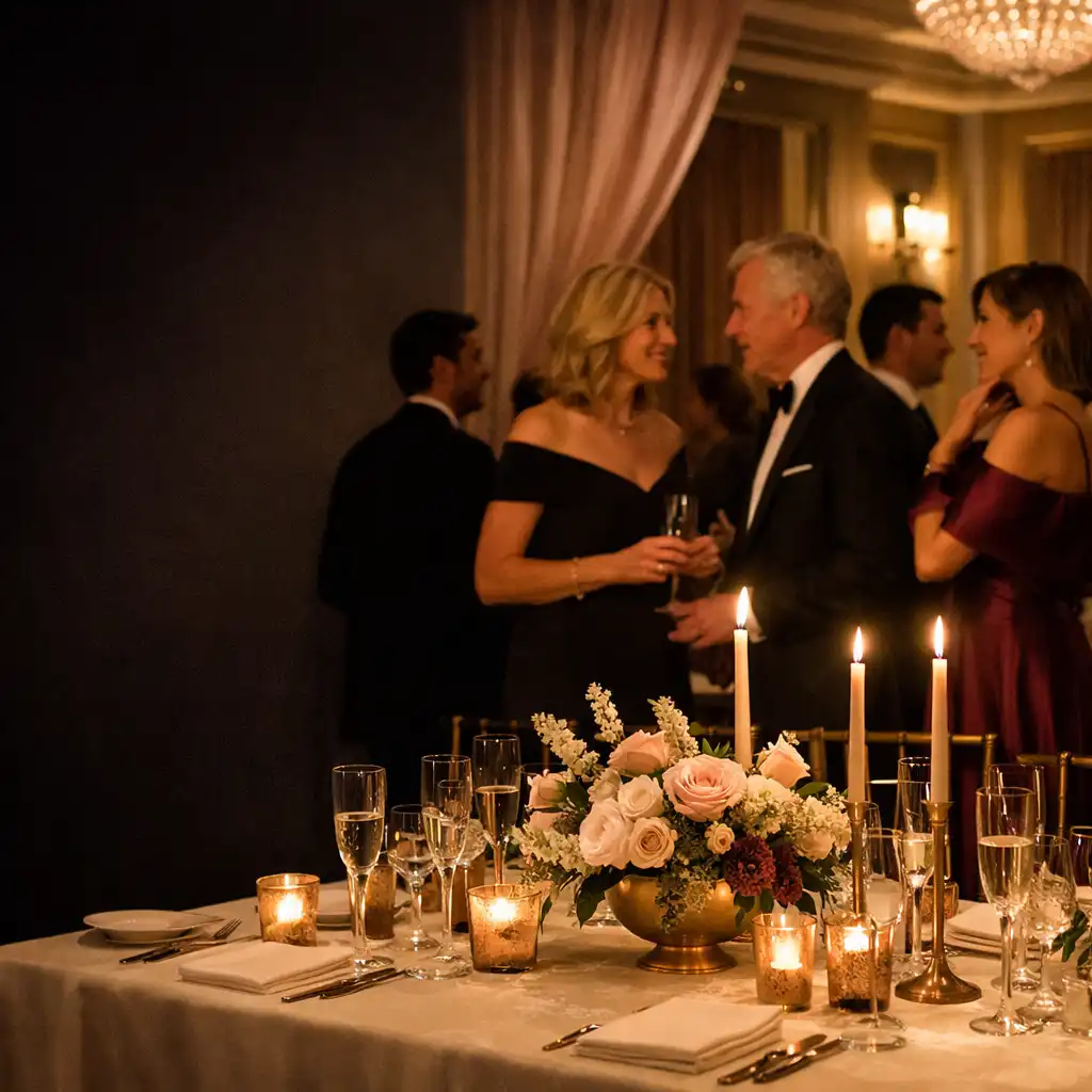 Warmly lit British evening celebration with guests gathering beside ivory tables and blush drapery.