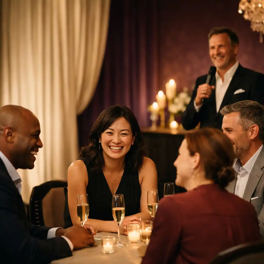 Adult colleagues sharing a hosted interactive moment at an elegant warmly lit event.