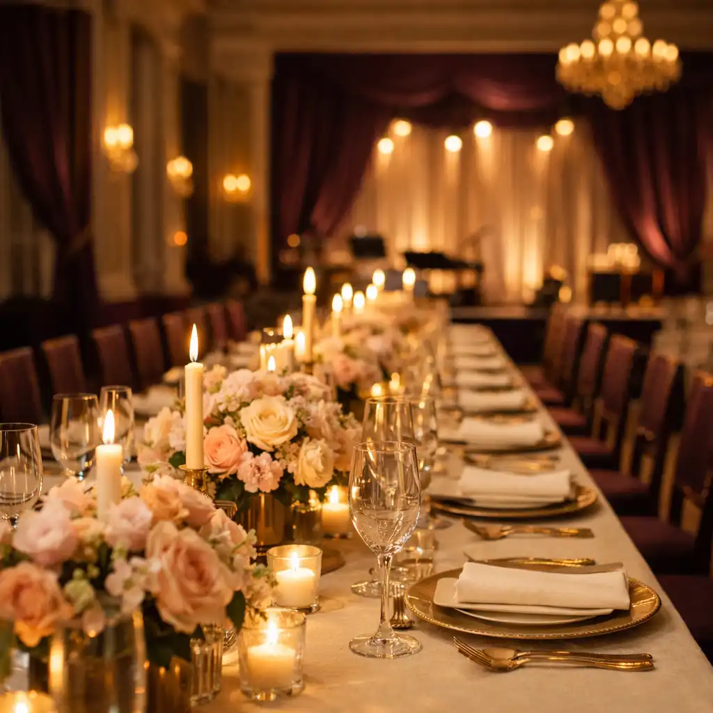 Formal gala table dressed with ivory linens, candlelight and a softly lit stage in the distance.