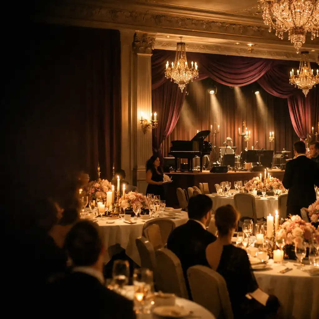 Candlelit gala tables and a refined stage in an elegant evening venue