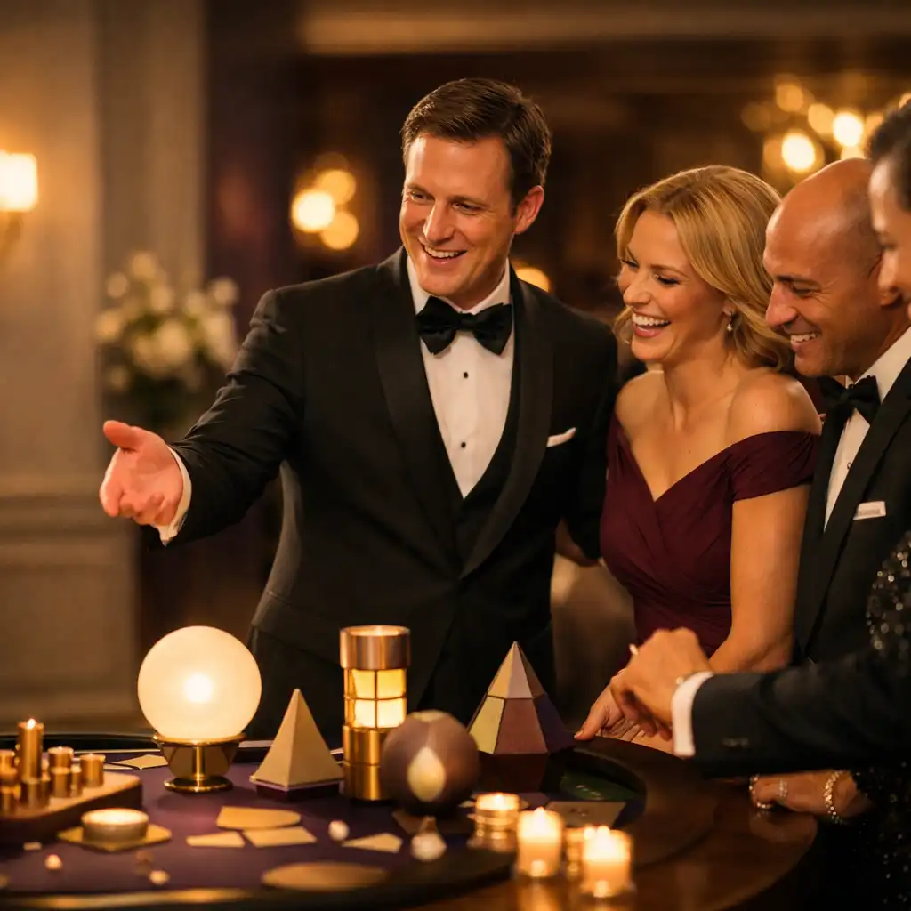 Professional host welcoming adult guests around a refined interactive entertainment table