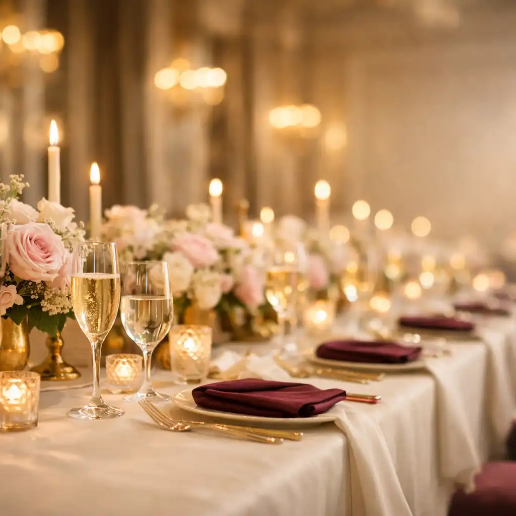Elegant gala tablescape with porcelain linens, candles, blush accents and warm ambient lighting