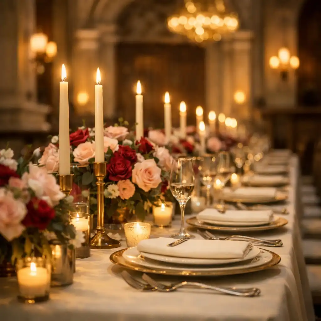 Formal dinner tablescape with ivory linen, taper candles and blush floral arrangements