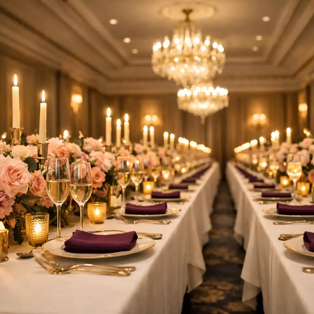 Finished gala dining room with candlelit tables, blush flowers and glowing chandeliers