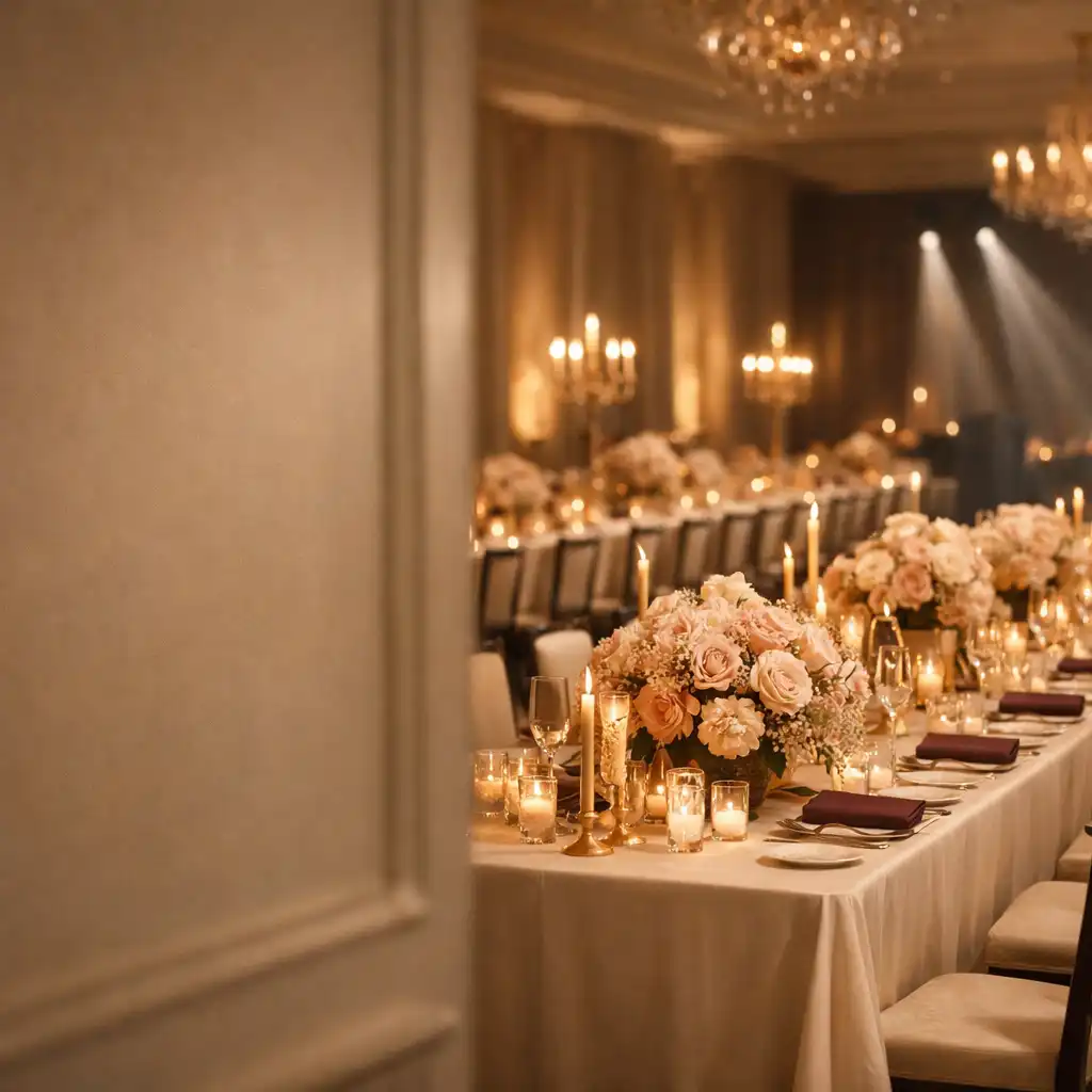 Elegant gala room with ivory-dressed tables, blush florals and warm candlelight