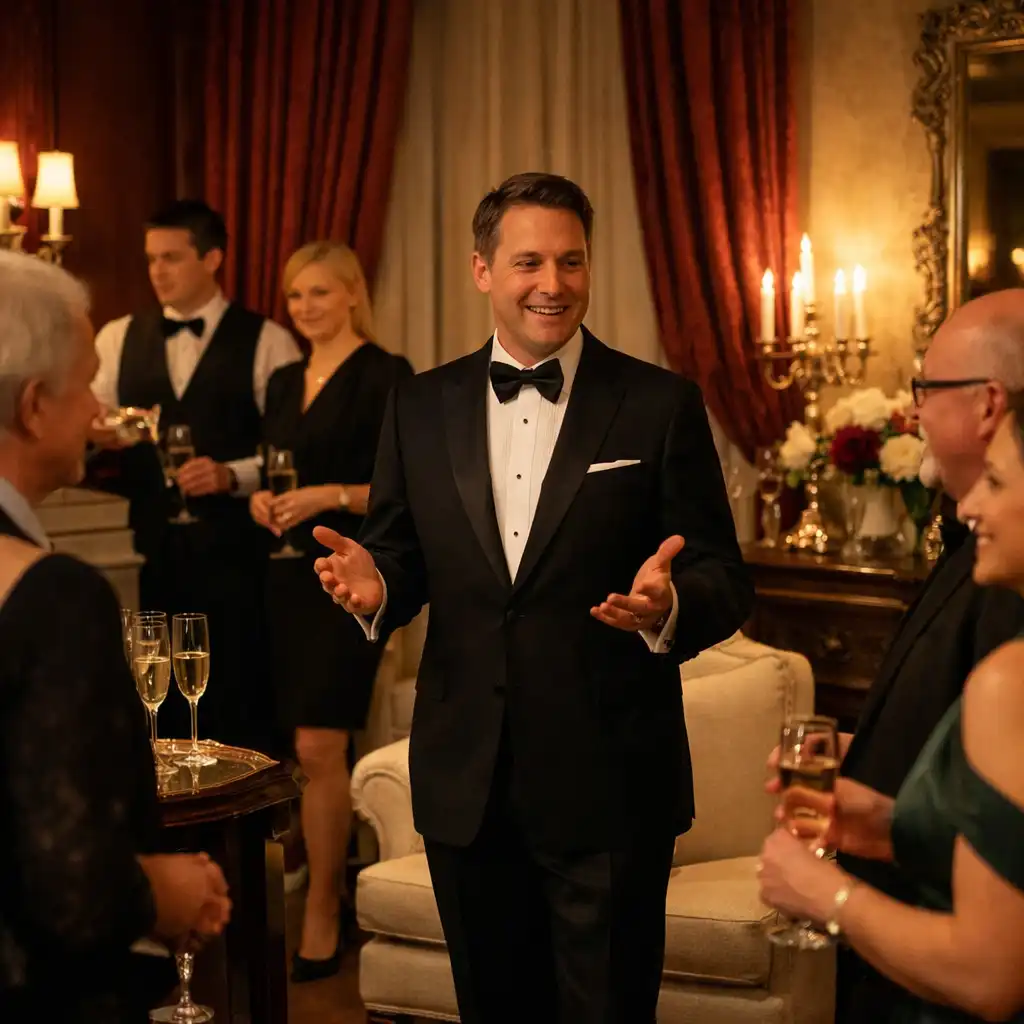 Professional host welcoming guests in an elegant ruby-accented event room