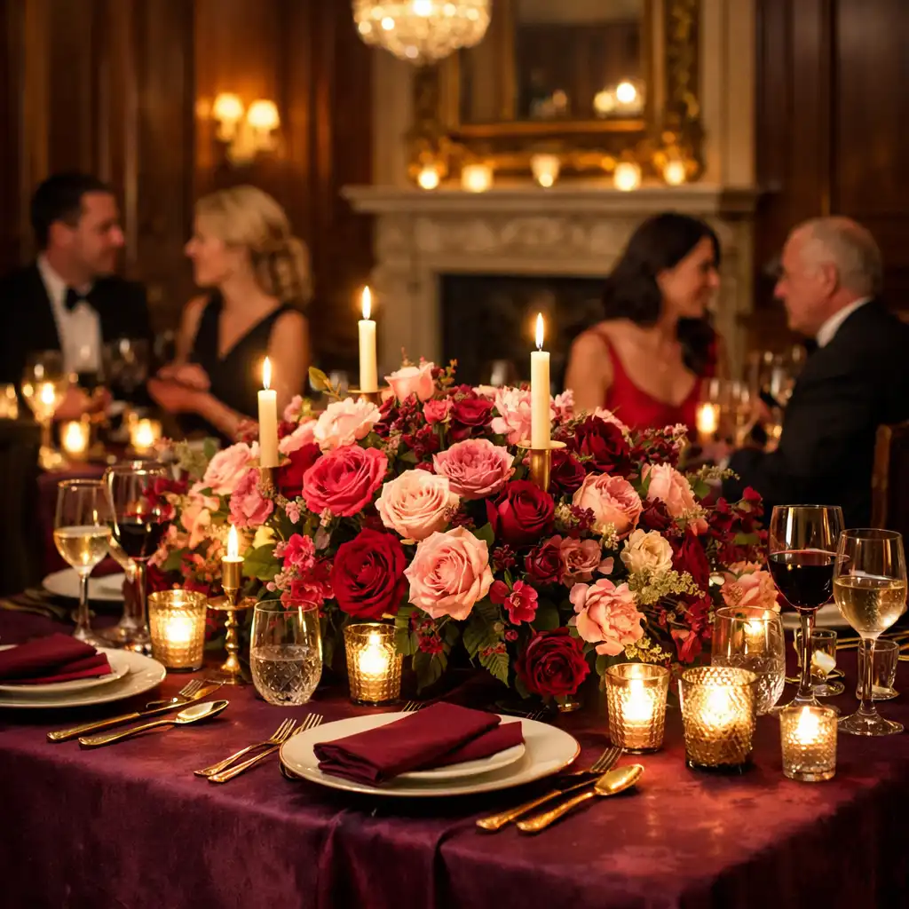 Vibrant private celebration table with blush and ruby florals, candlelight and elegant guests in soft focus
