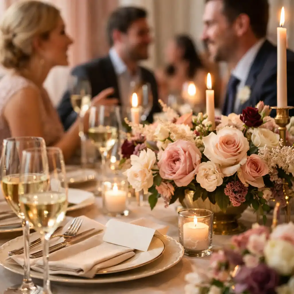 Guests in soft focus conversing beside floral centrepieces and candlelit place settings