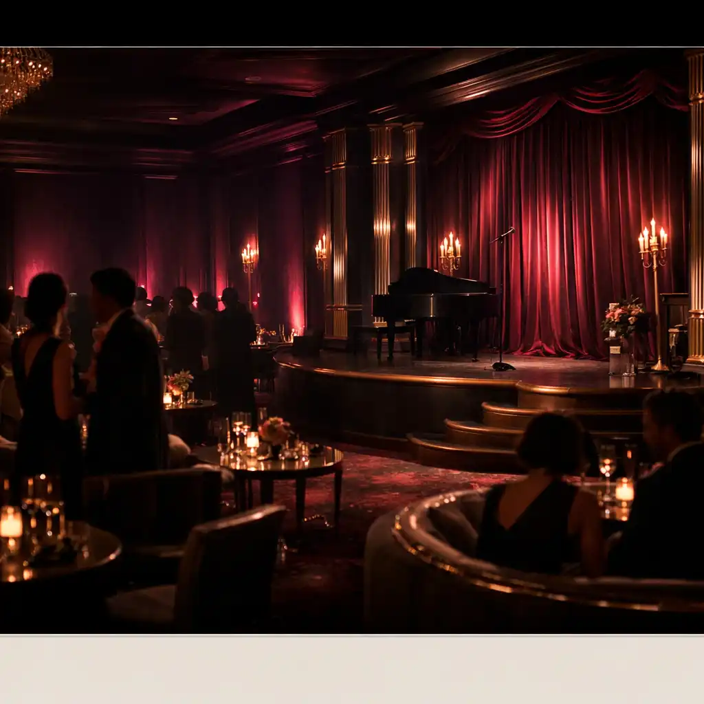 Theatrical event room with deep-plum lighting, tailored seating and a formal stage