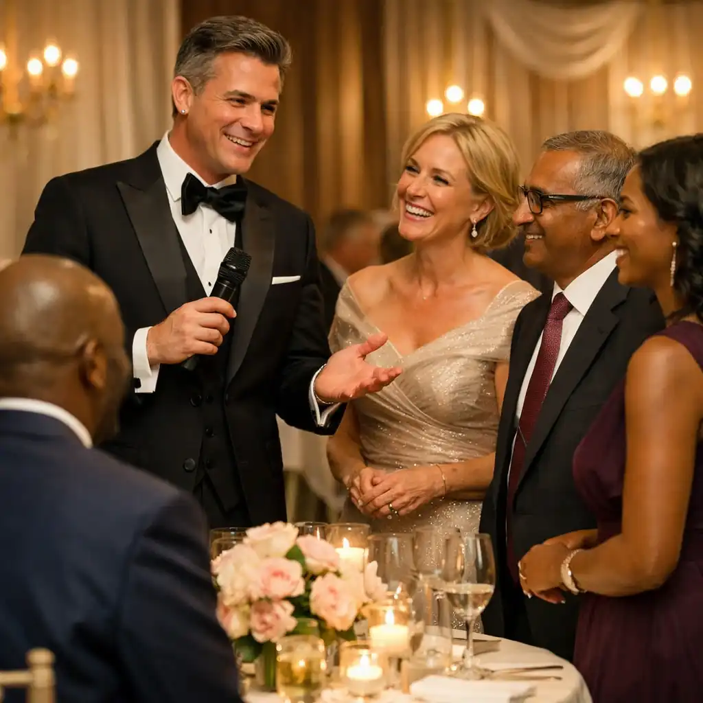 Professional host welcoming adult guests at a polished corporate celebration
