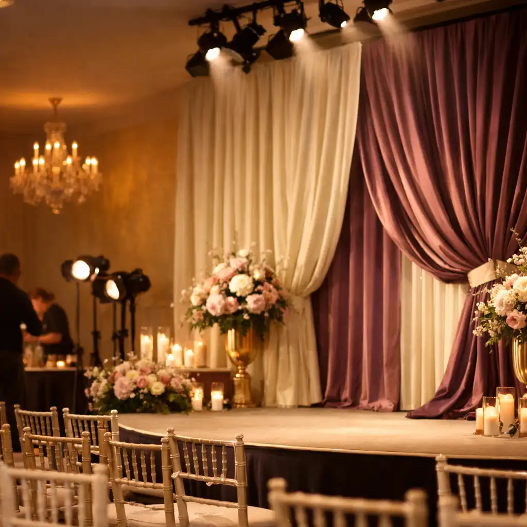 Refined dressed event room with tailored drapery, lighting, stage edge and arranged seating