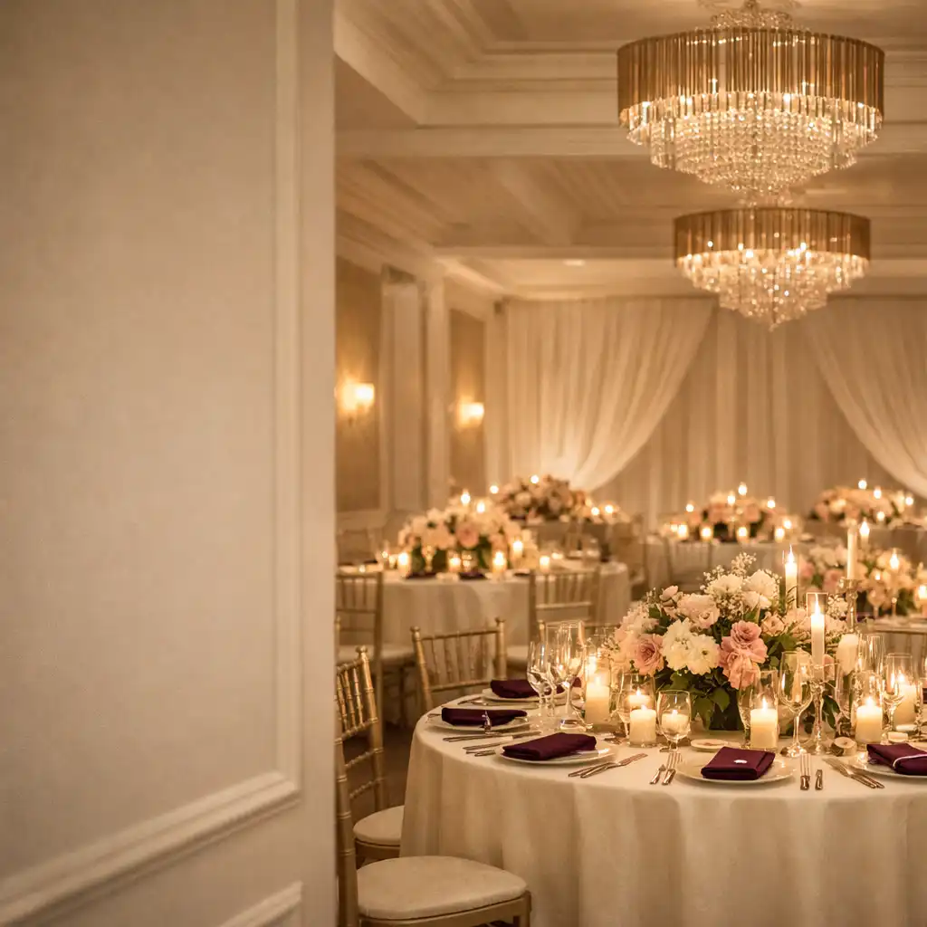 Prepared celebration venue with ivory-draped tables, blush flowers and warm evening lighting