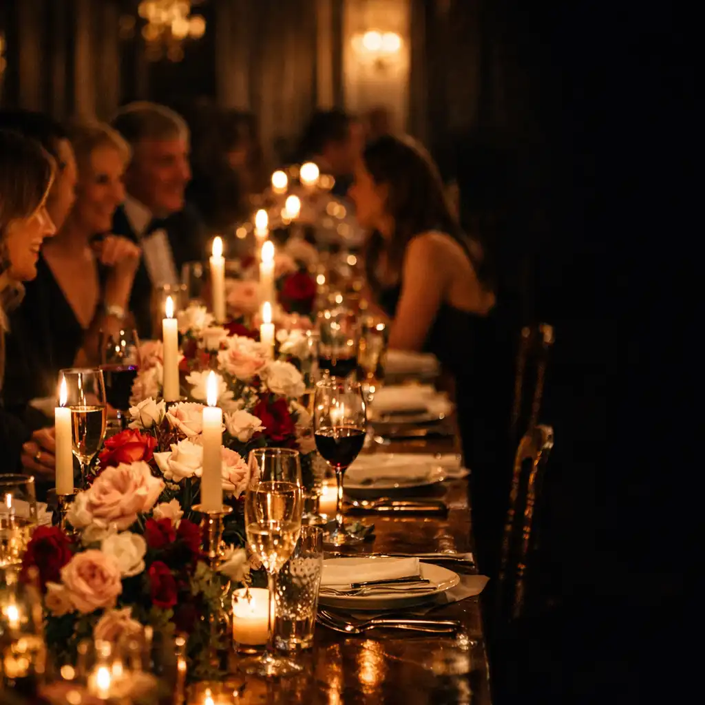 Adult guests in conversation around an elegant candlelit private celebration dinner table