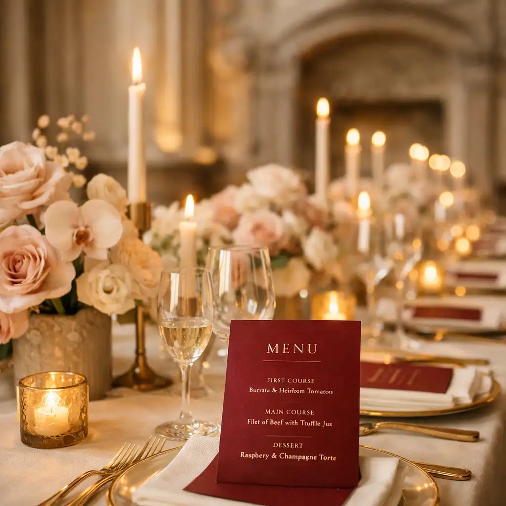 Elegant celebration tablescape with blush flowers, candles and champagne-toned place settings