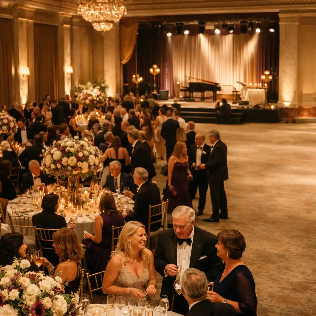 Guests gathered at softly lit tables during an elegant gala evening with warm architectural lighting.