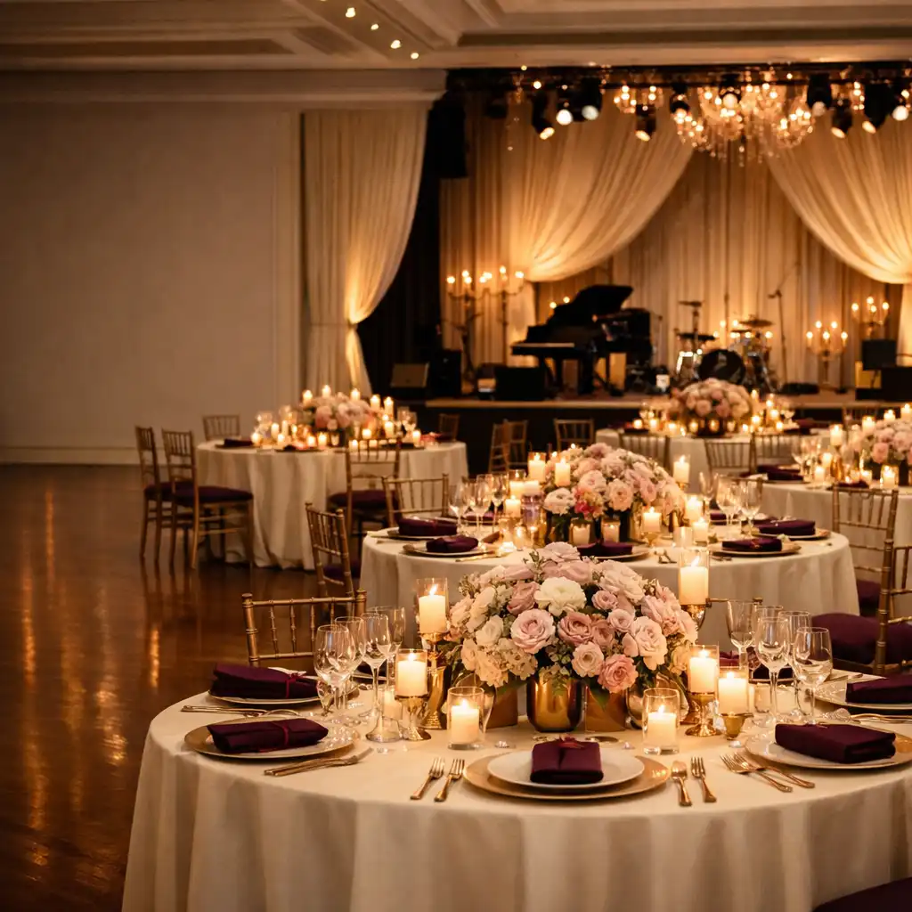 Ivory-dressed gala tables with blush flowers, candlelight and a distant stage in an elegant event venue.