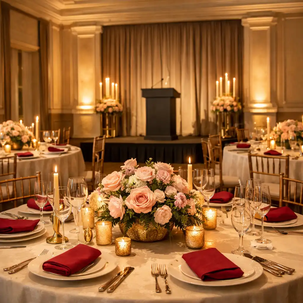 Styled event dining room with ivory linens, blush centrepieces, candleholders and a presentation stage.