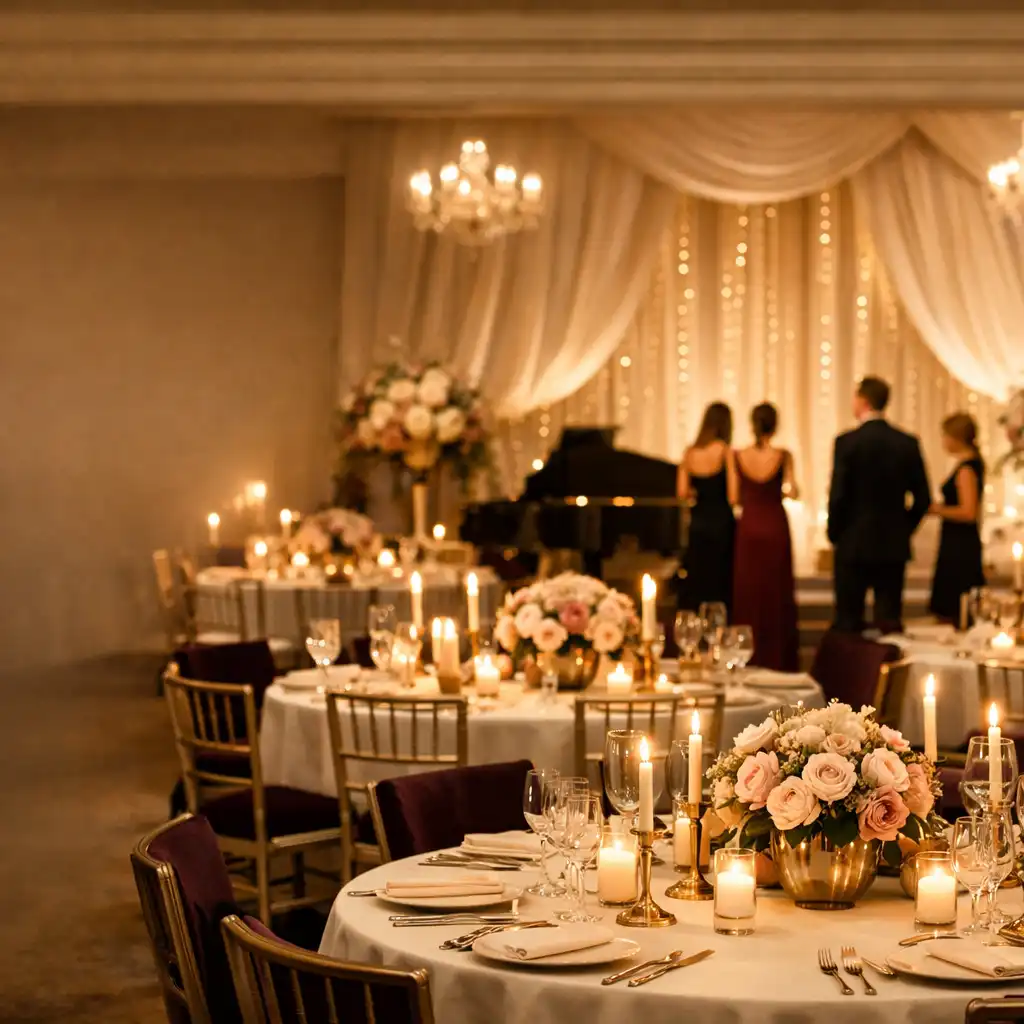 Luminous British celebration venue prepared with elegant dining, drapery and softly lit staging